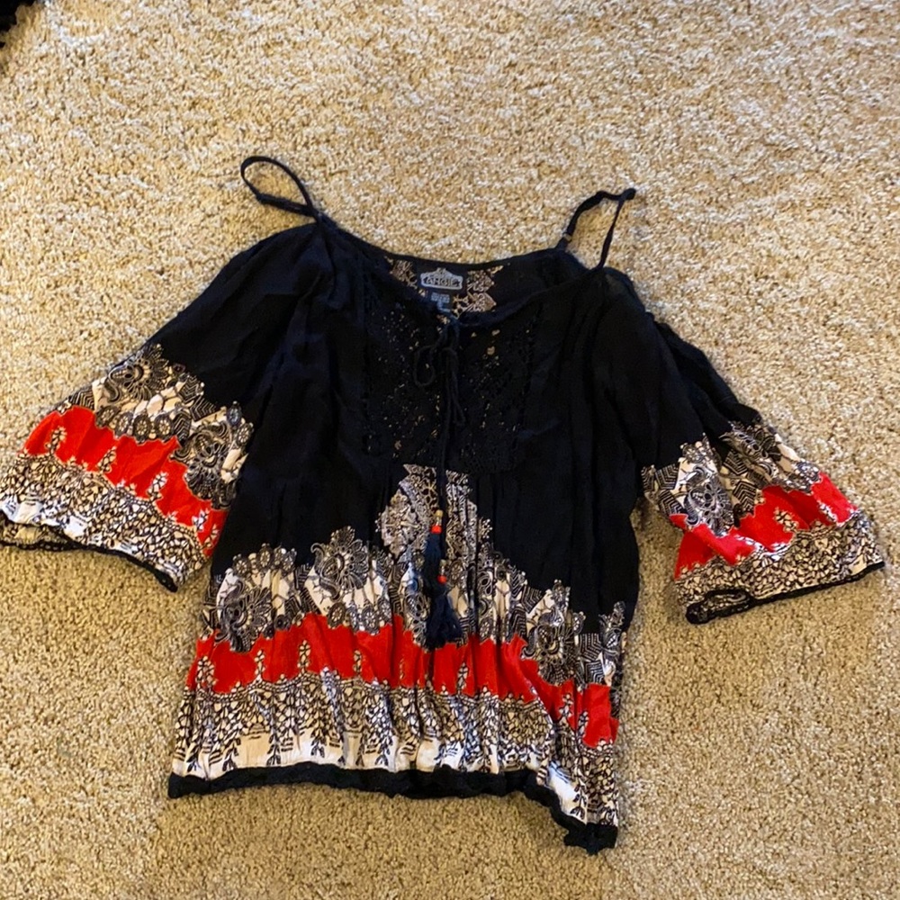 Boho off the shoulder top with tassels and beads and see through detail